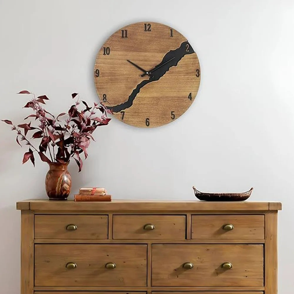 12-Inch Wooden Wall Clock – Silent Cracked Wood Texture