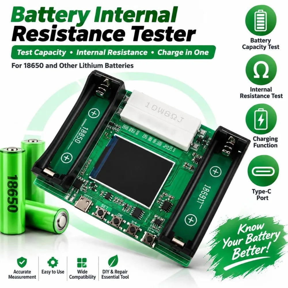18650 Battery Capacity Tester – mAh/mWh LCD, Type-C DC 5V