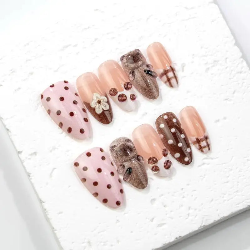 30Pcs Pink Brown Floral Press-On Nails – Cat Almond Tips Set
