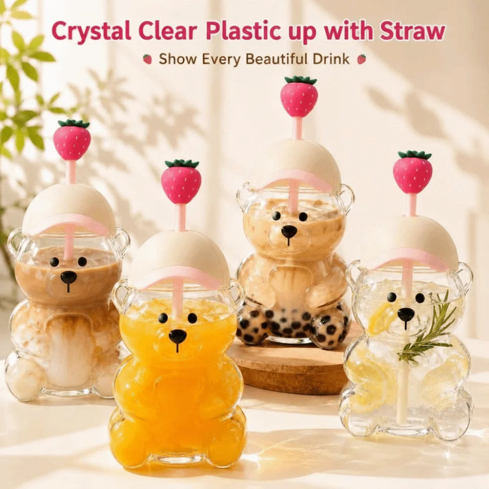Cute Bear Straw Cup with Lid – 500ml Transparent Tumbler