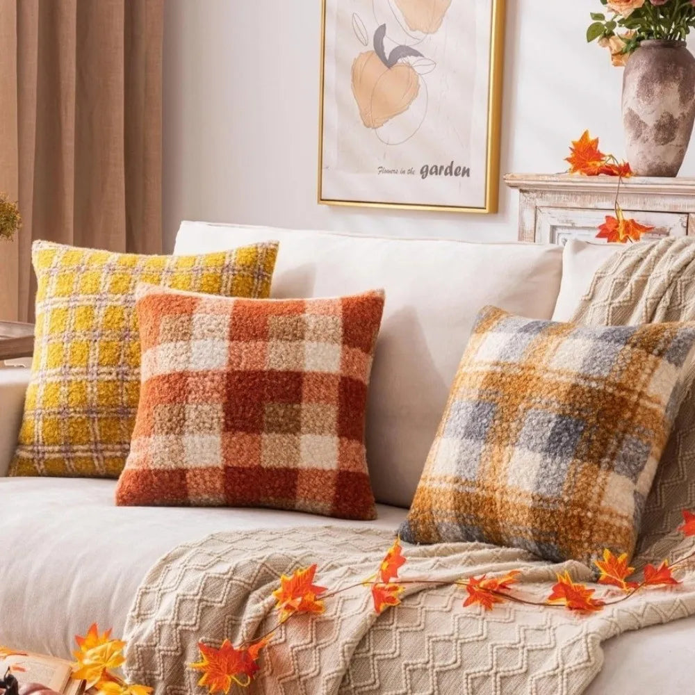 Plaid Plush Throw Pillow Cover 18x18 – Orange Red Boucle