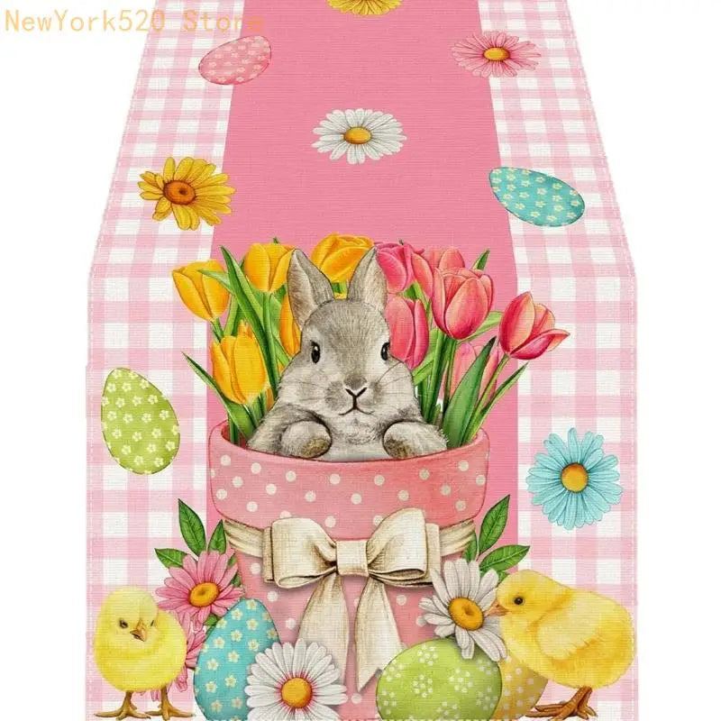Farmhouse Linen Easter Table Runner – Eggs & Bunnies