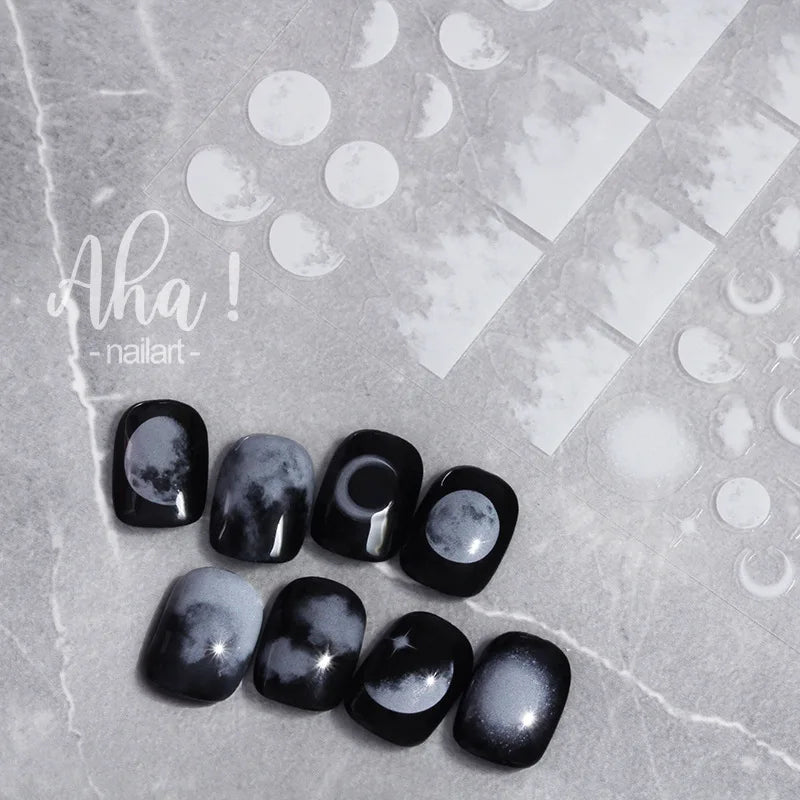 Smoky Black Celestial Nail Stickers – Moon Star Cloud Decals