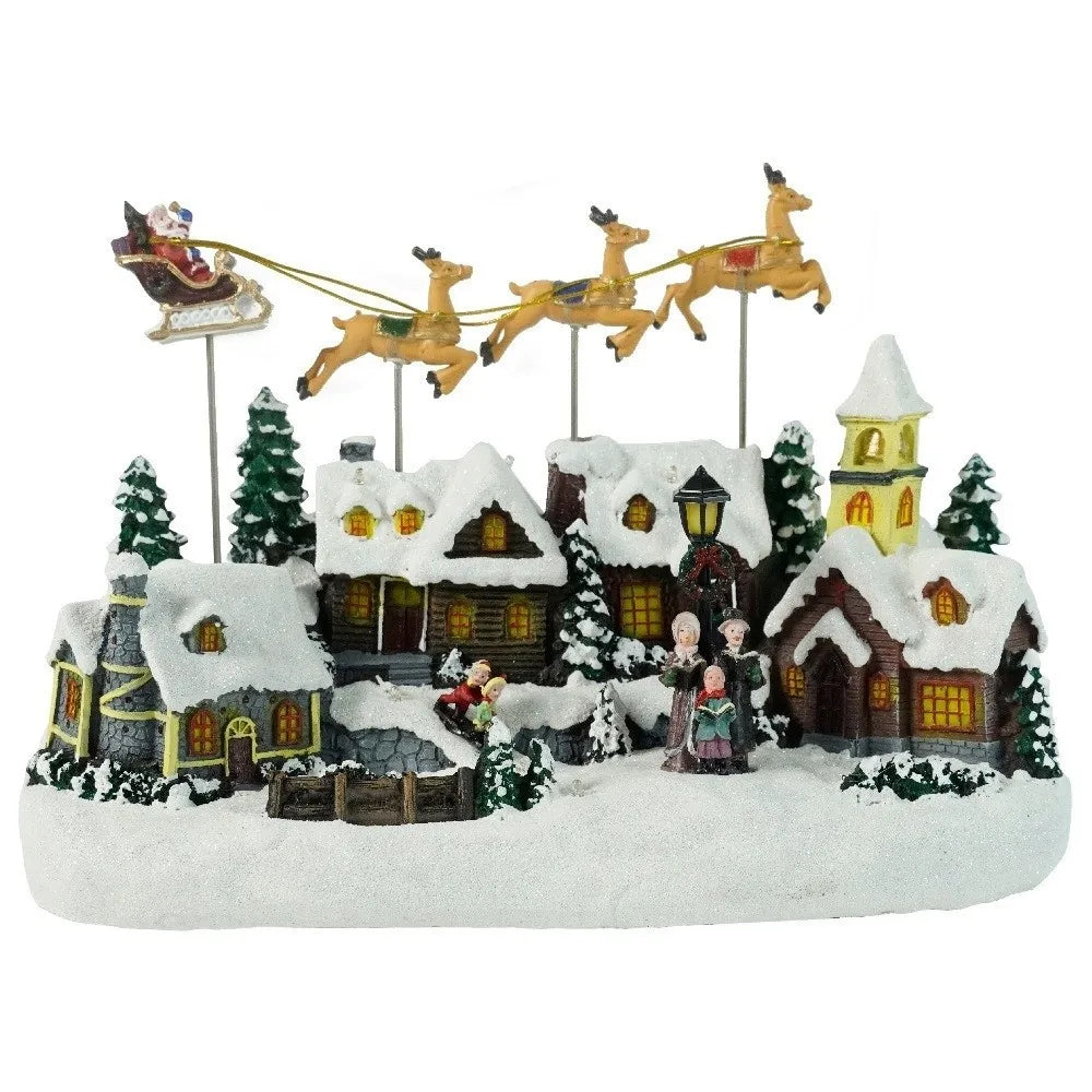 Resin Christmas Village LED Light Music Flying Reindeer Decor