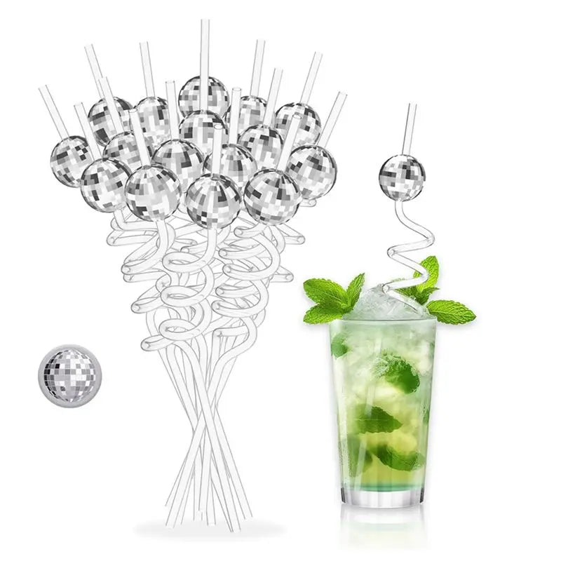 48-Pack Silver Disco Ball Straws – 70s Party Decorations