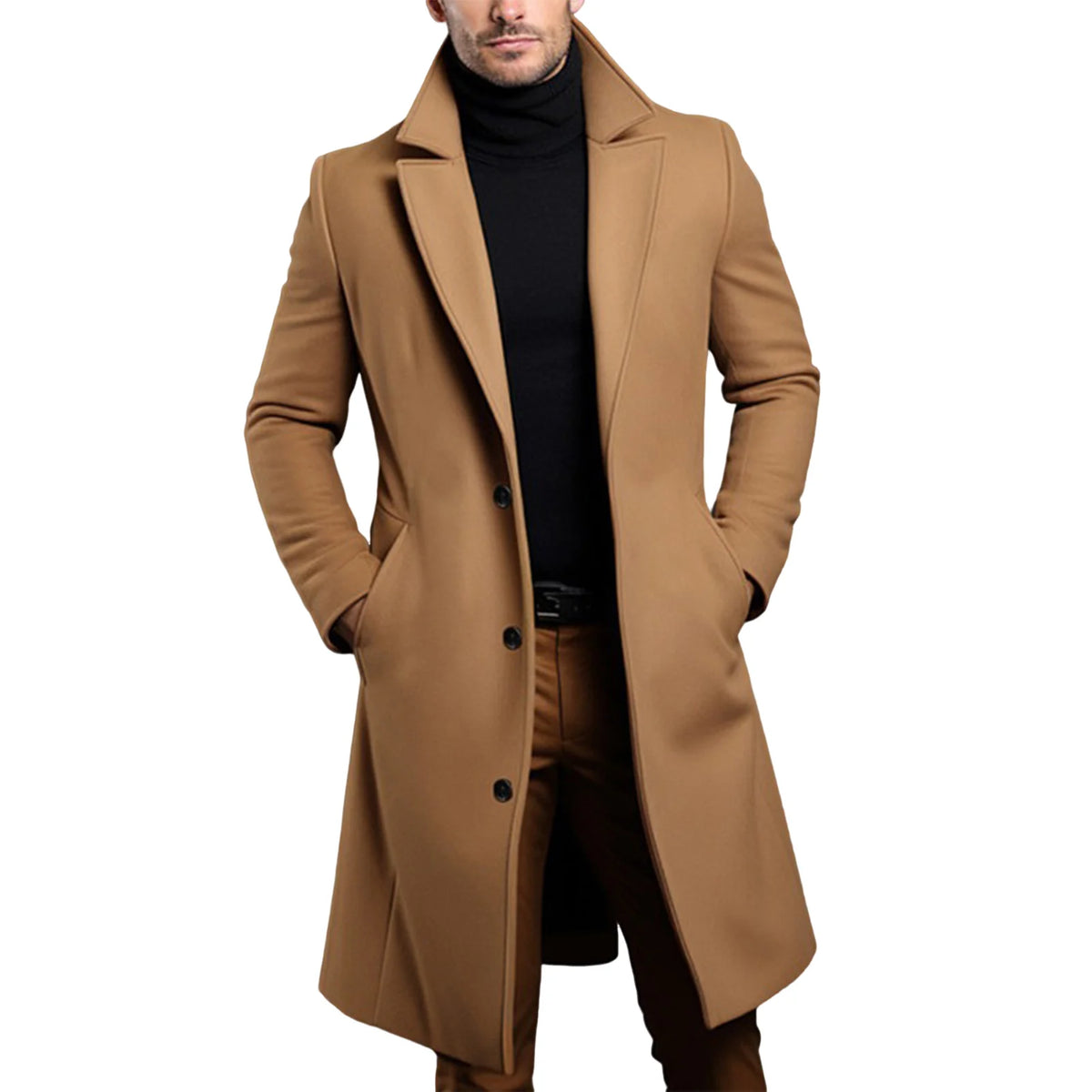 Men's Long Trench Coat – Elegant Single-Breasted Overcoat