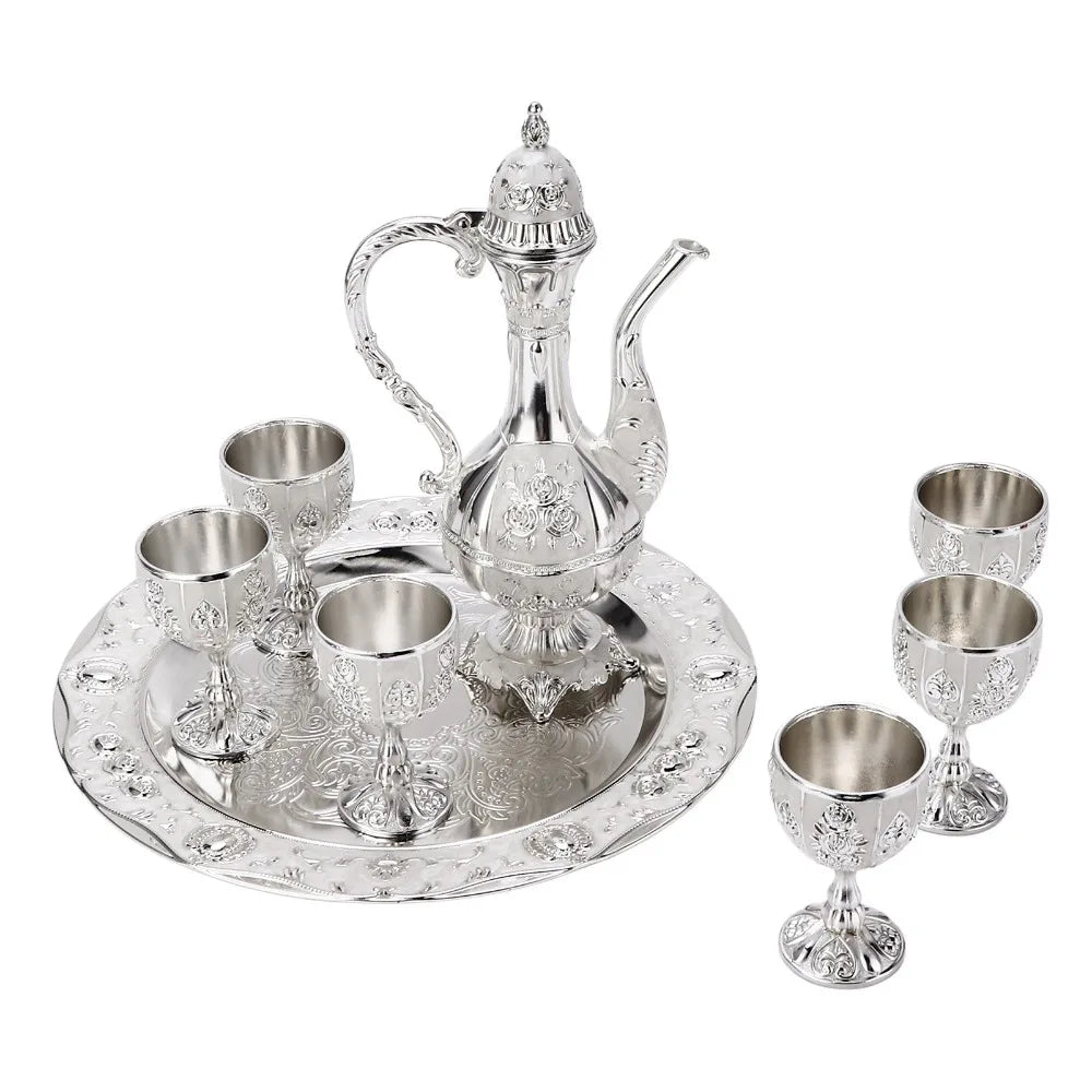8-Pc Vintage Embossed Alloy Drinkware Set with Iron Tray