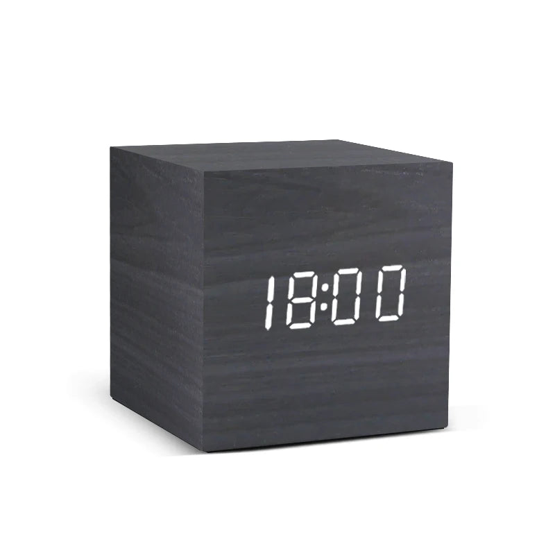 LED Digital Alarm Clock Wooden Style Voice Control USB/Battery