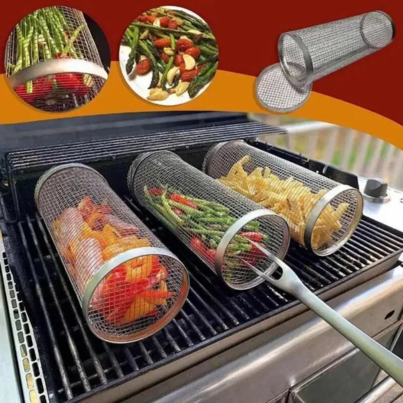 Rolling BBQ Grill Basket – 304 Stainless Steel Mesh Cylinder