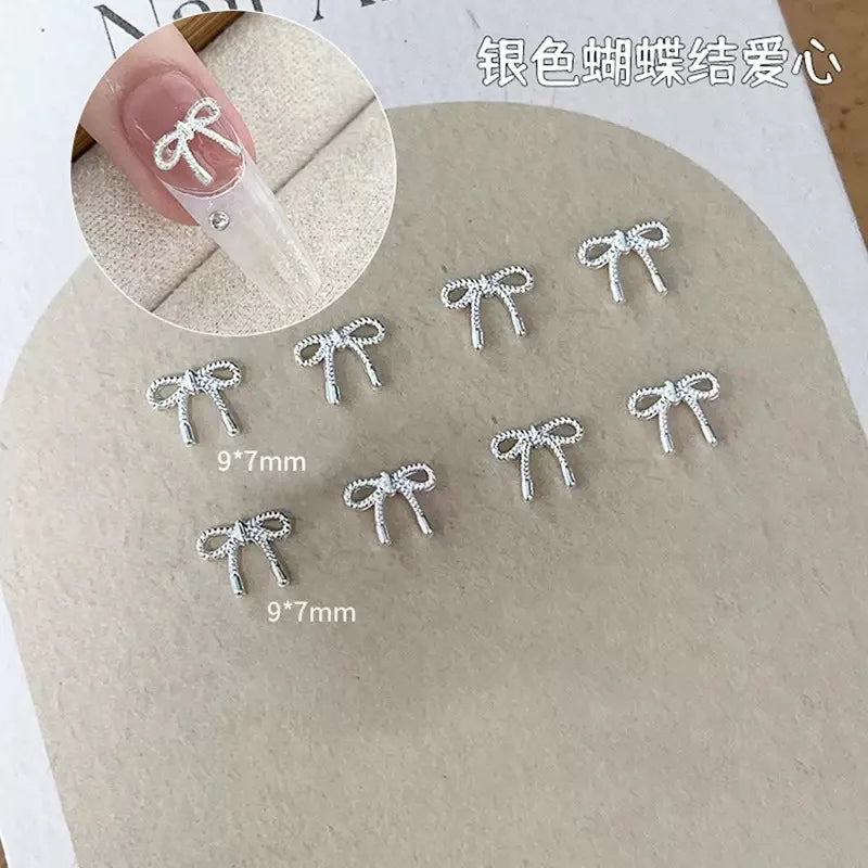 50pcs 3D Alloy Bow Heart Nail Charms Silver DIY Nail Art