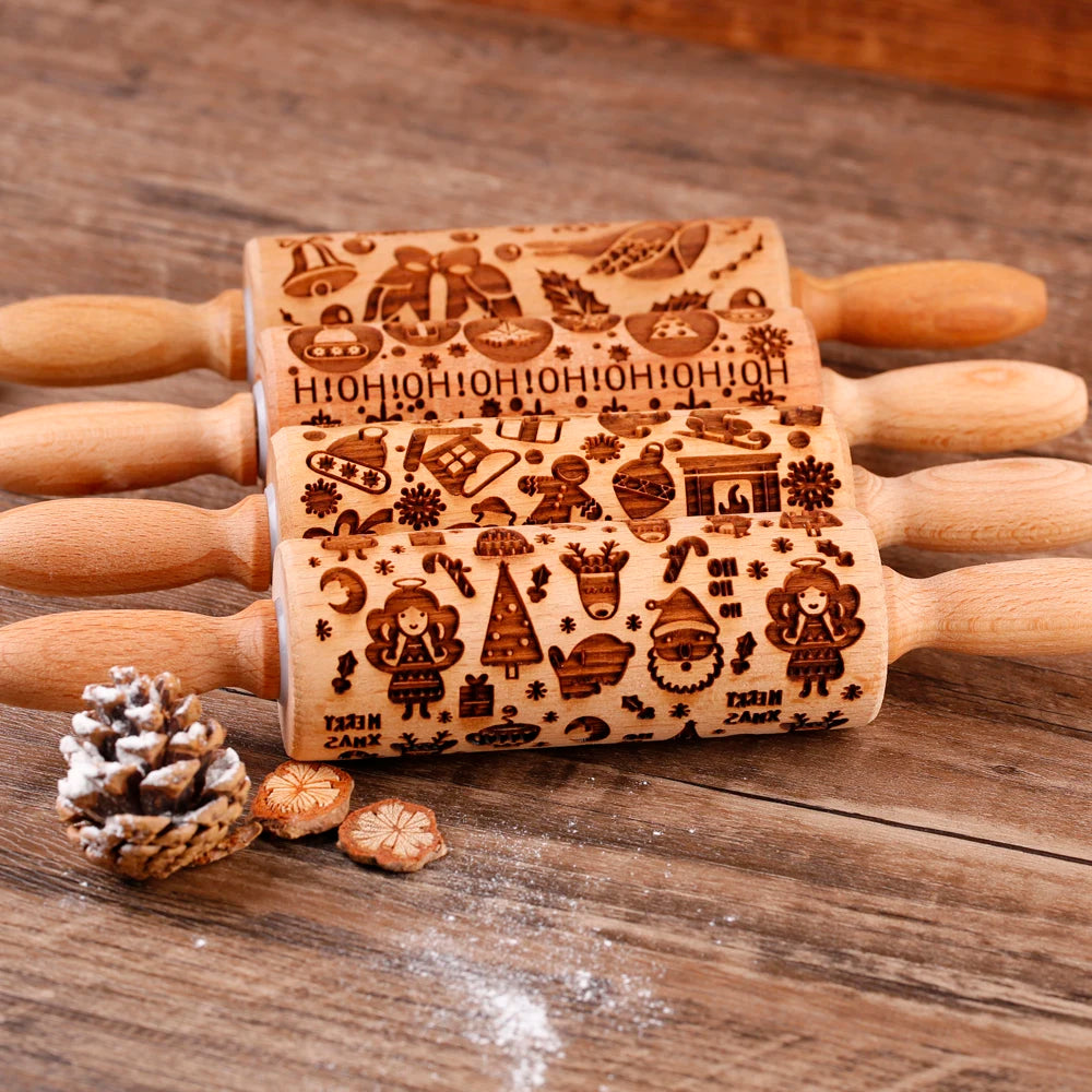 Arjmide 10" Wooden Embossed Rolling Pin – Holiday Patterns
