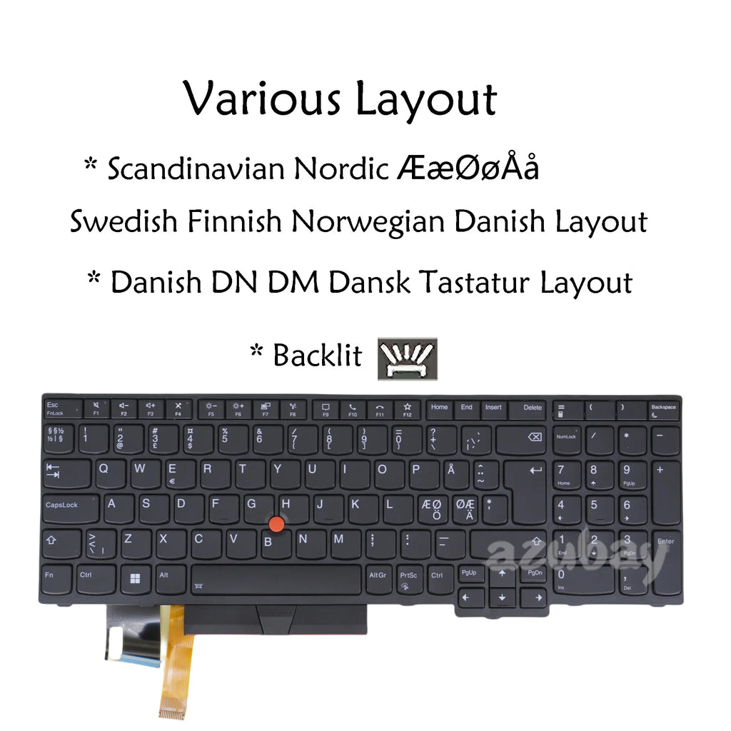 AZUBAY Backlit Keyboard ThinkPad T590 P52 P72 Nordic Layout