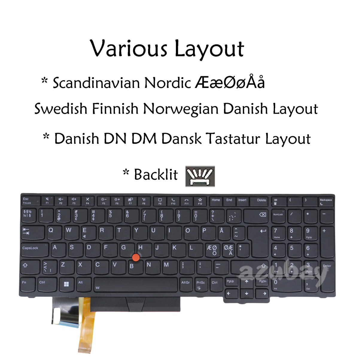 AZUBAY Backlit Keyboard ThinkPad T590 P52 P72 Nordic Layout