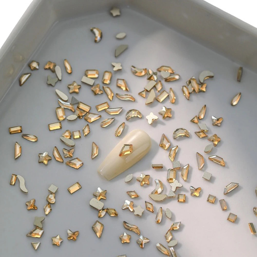 100pcs Champagne Gold Nail Rhinestones – Irregular Crystal Gems Set