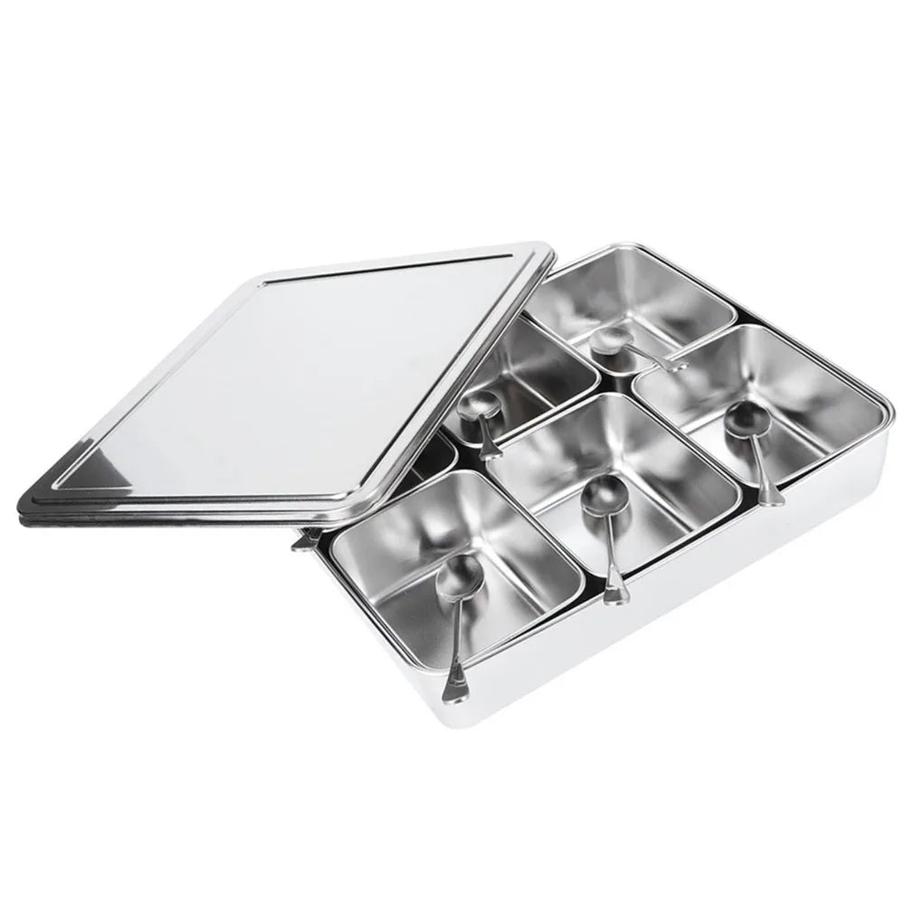 6-Grid Stainless Steel Masala Dabba Spice Organizer with Spoons