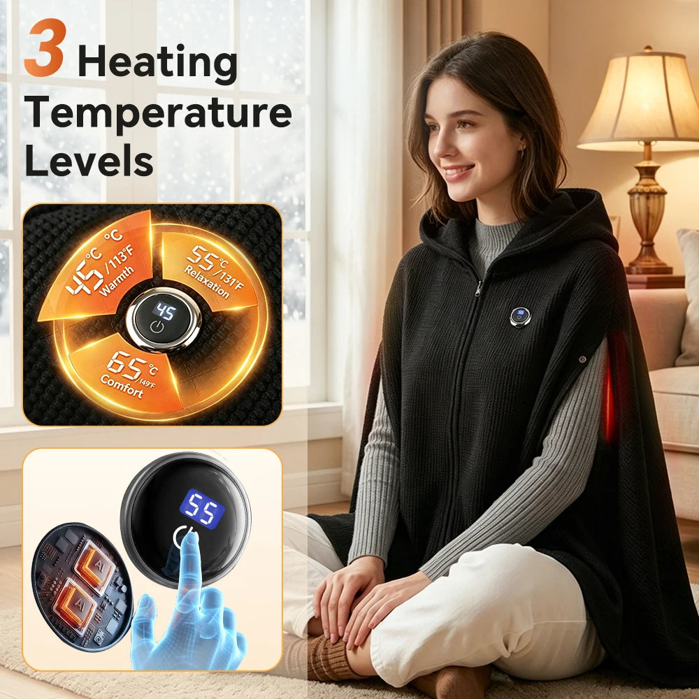 Wearable Heated Blanket Shawl – Graphene Hooded Poncho USB