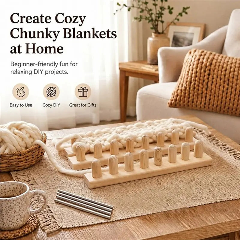 Wood Hand Knitting Loom for Chunky Yarn – Beginner Starter Set
