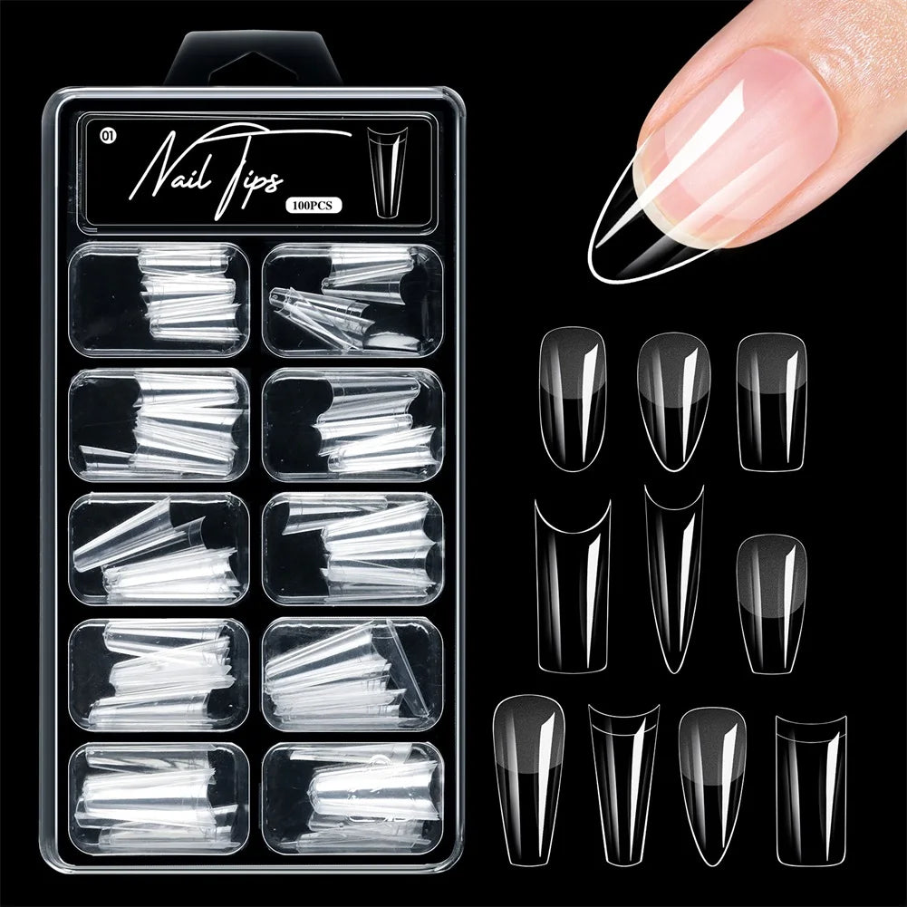 100pcs Clear Coffin Fake Nails Pre-Etched Full Cover Tips
