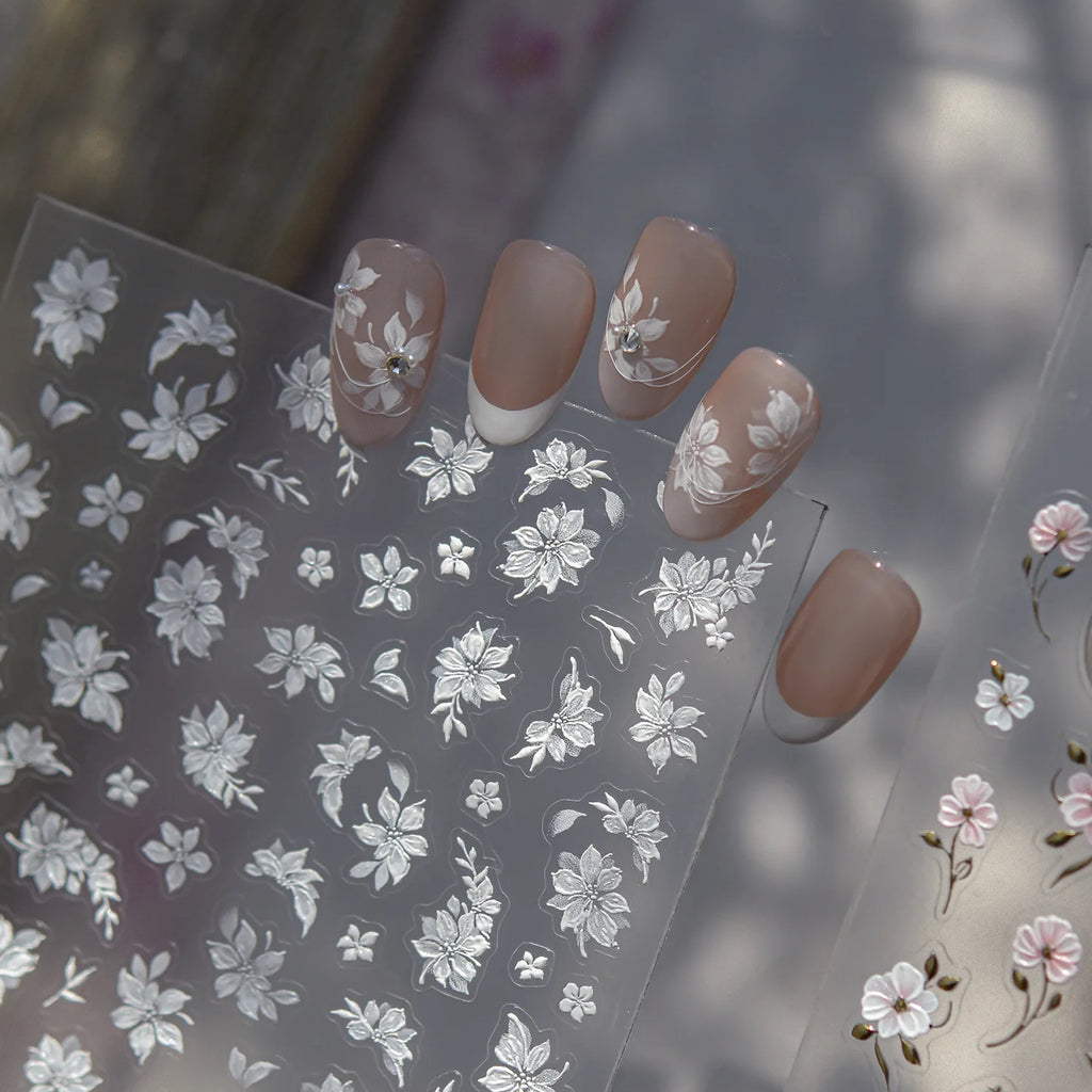 3D Gilded Camellia Flower Nail Art Stickers – Luxury White