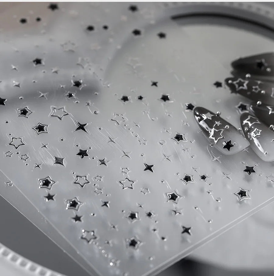 5D Luxury Star Nail Stickers – Black Silver Gilding Decals