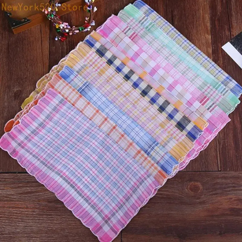 Women's Cotton Handkerchiefs – Check Print & Scalloped Trim Set