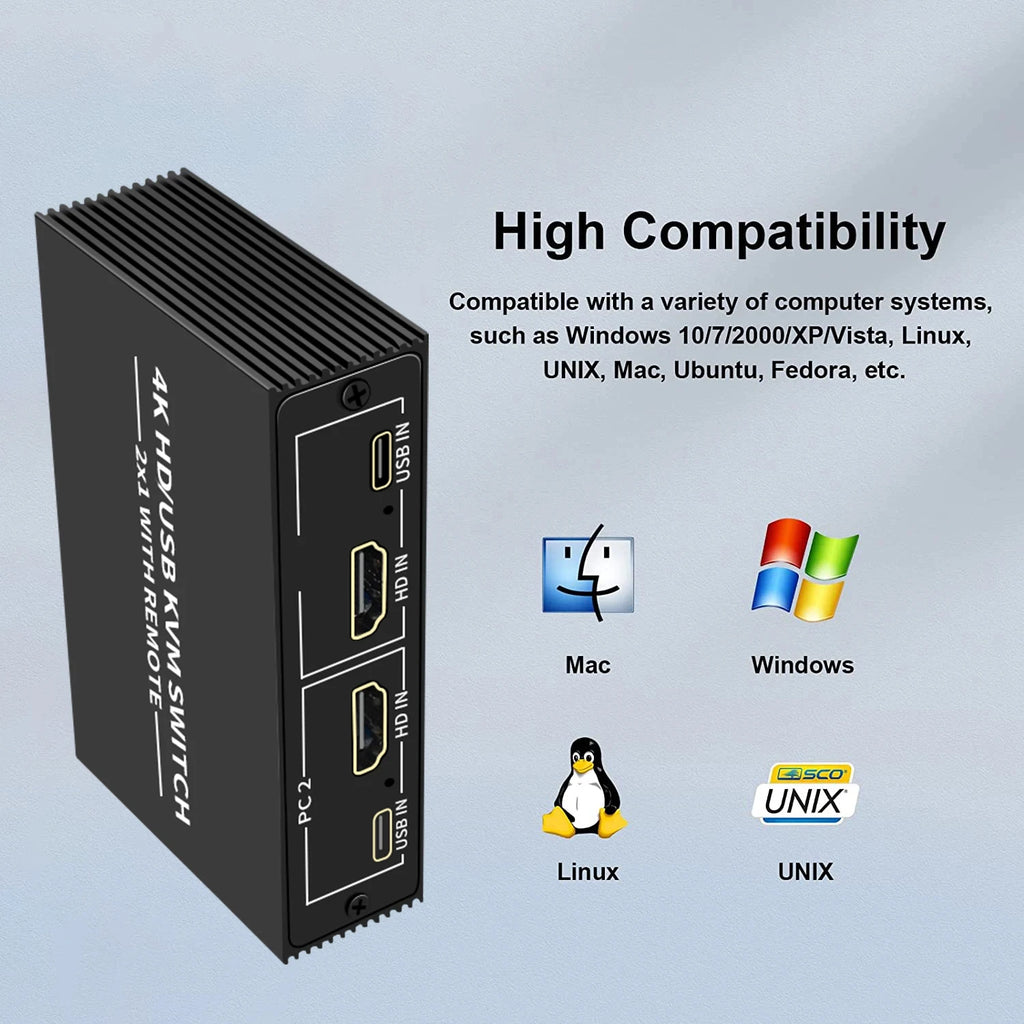 2-Port 4K HDMI KVM Switch 2x1 USB 2.0 Desktop Controller