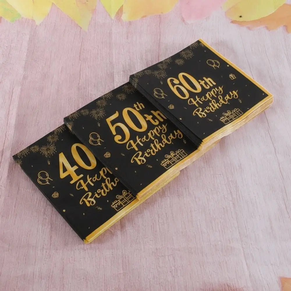 Happy Birthday Party Napkins White & Black Gold Design 20pk