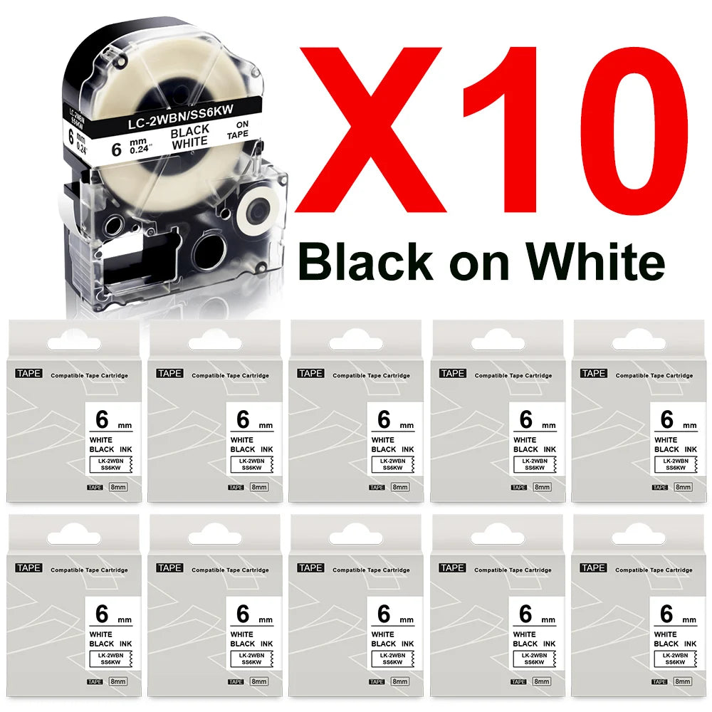 10-Pack 6mm Label Tape Compatible Epson & KingJim LW-300 LW-400