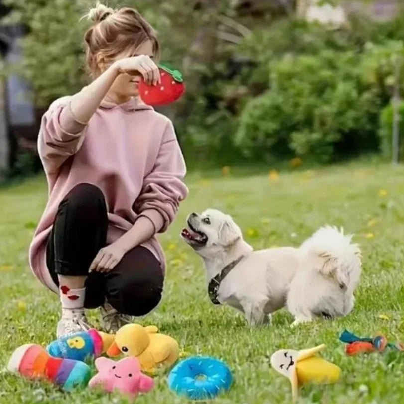 7-Piece Plush Squeaky Dog Toys – Fruit & Veggie Chew Set