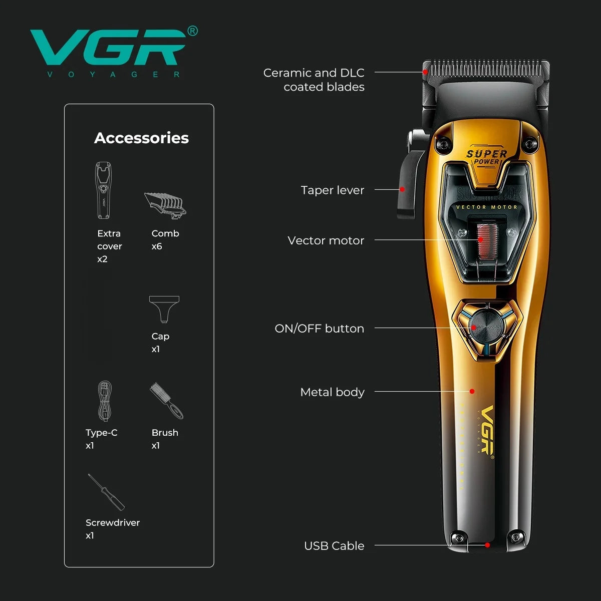 VGR V-668 Cordless Hair Clipper 11000 RPM | DLC Blades