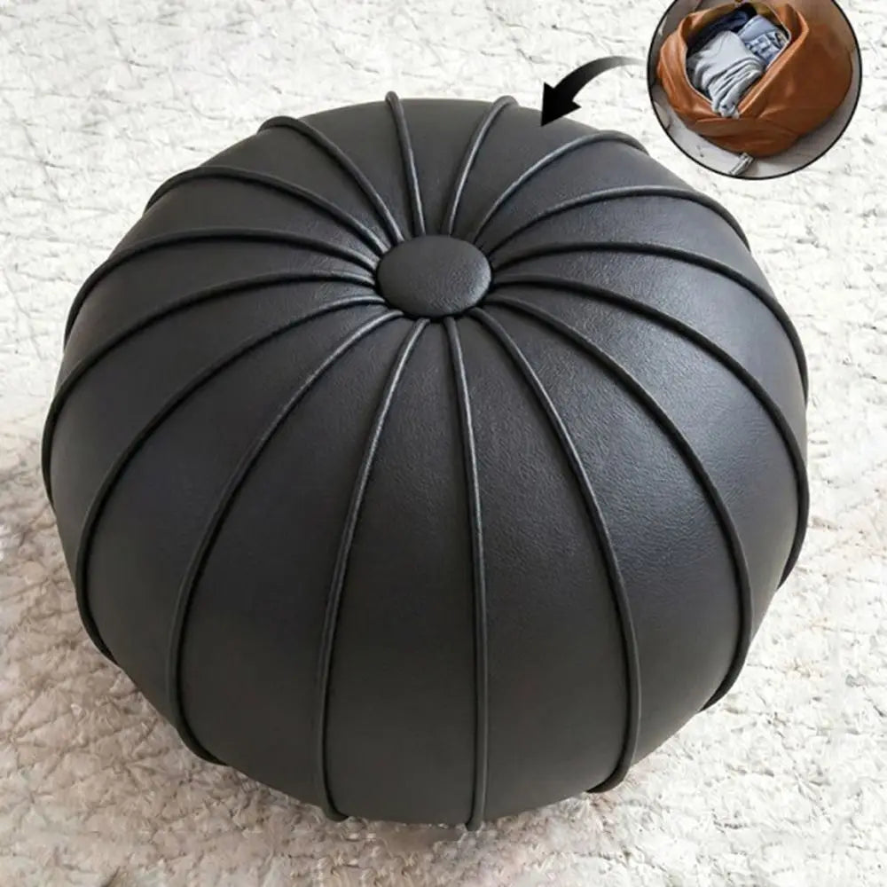 Leather Fillable Round Ottoman Pouf | Modern Low Profile Stool
