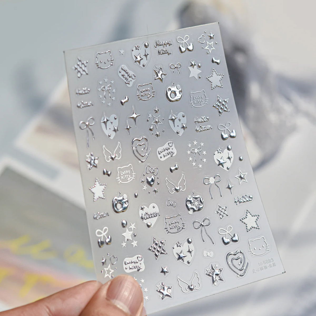 5D Embossed Silver Metallic Nail Art Stickers – Stars & Bows