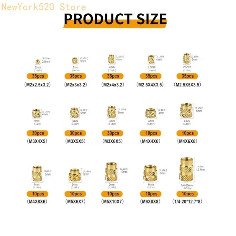 335/360-Pc Brass Threaded Insert Set M2–M6 for Plastic
