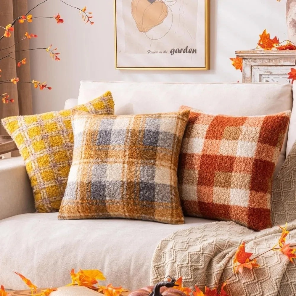 Plaid Plush Throw Pillow Cover 18x18 – Orange Red Boucle