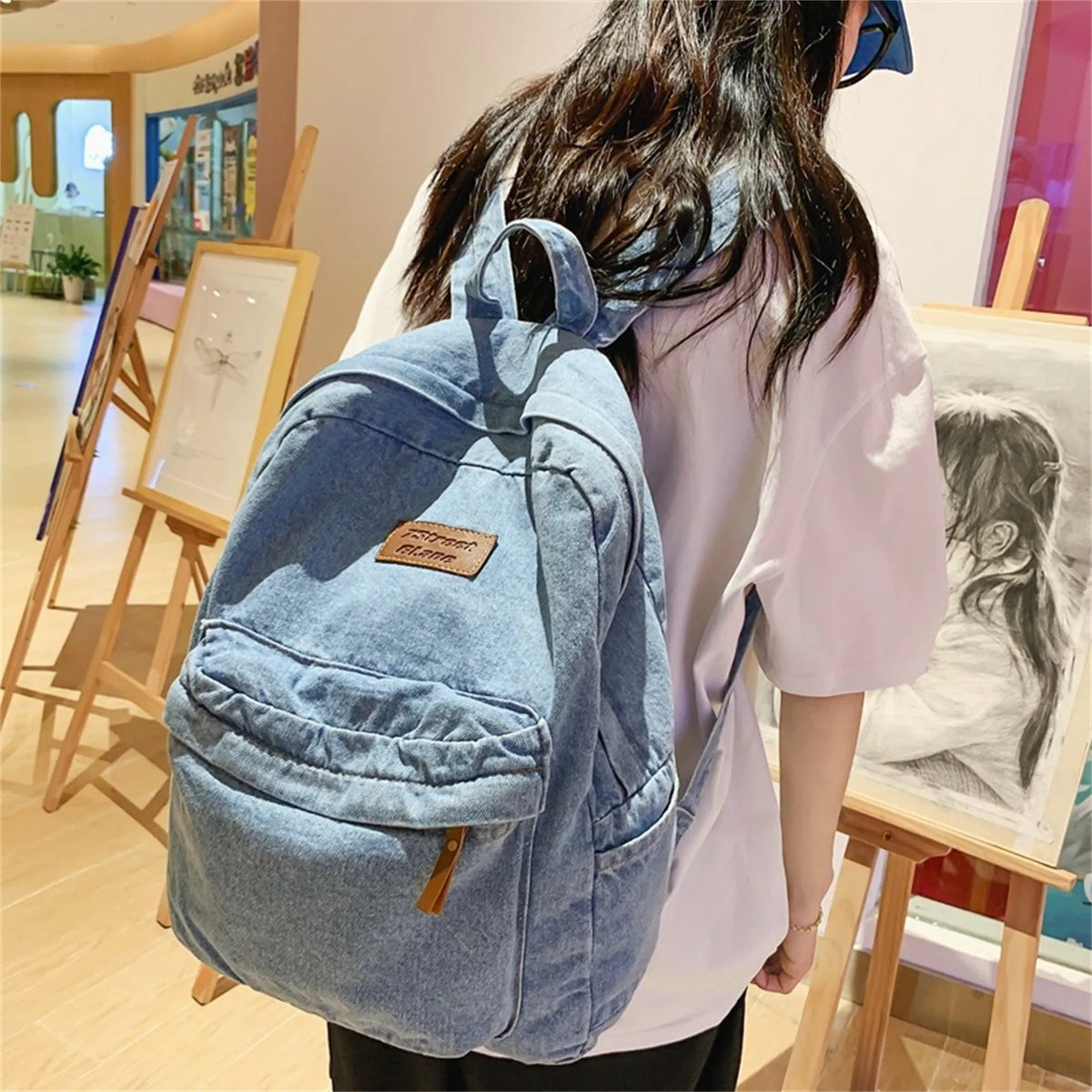 Vintage Washed Denim Backpack – Retro Rucksack for Women