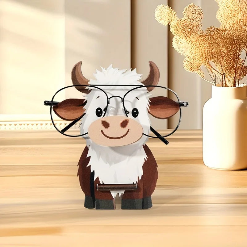 Wooden Highland Cow Eyeglass Stand – Cute Desktop Display