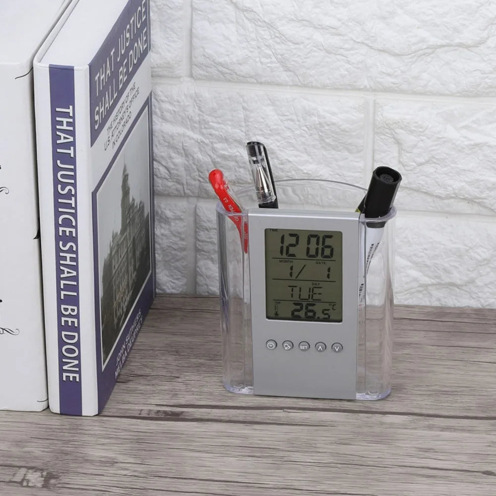 Digital Alarm Clock Pen Holder with Temperature & Calendar