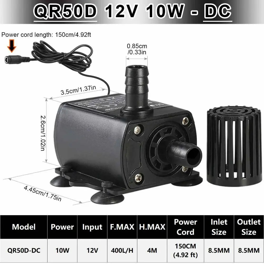 DC 12V Submersible Water Pump 400L/H Brushless Adjustable Flow