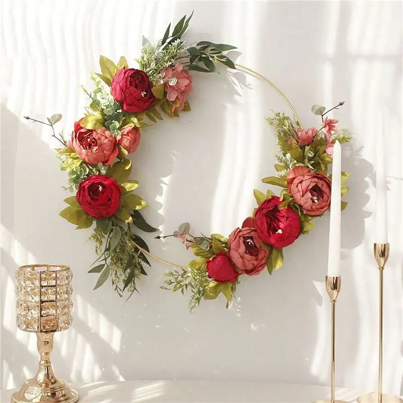 12-Pack 12" Gold Metal Floral Hoop Rings & Wood Stands