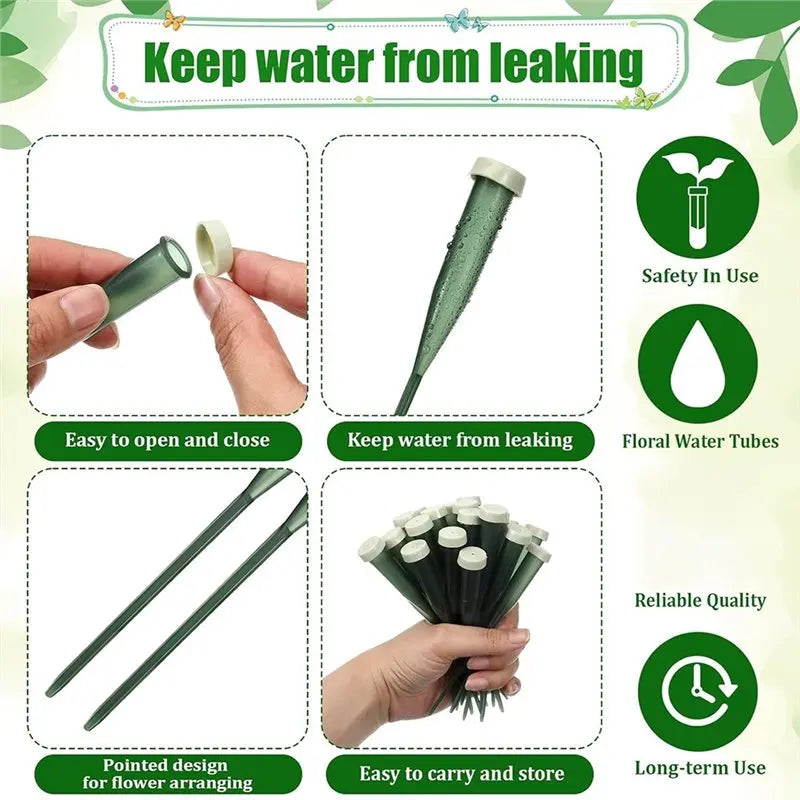 150 Green Floral Water Tubes 6 Inch with Rubber Caps