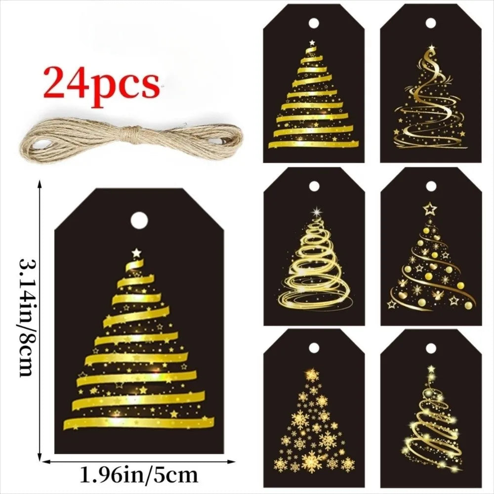24pcs Black Gold Christmas Gift Tags with Hemp Rope