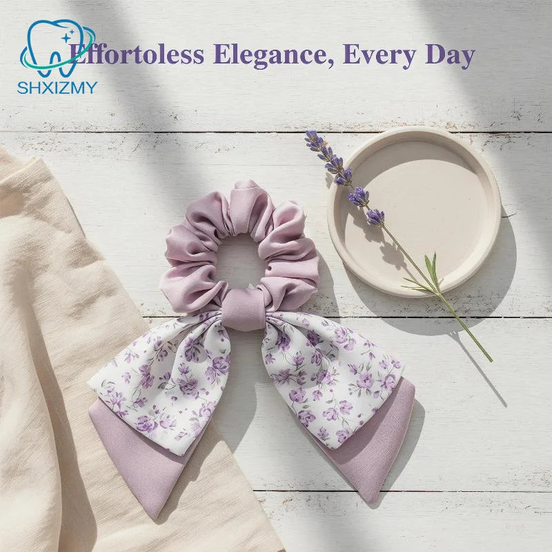 Floral Bow Satin Scrunchie – Ribbon Hair Band for Women