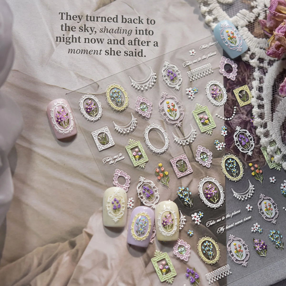 5D Embossed Nail Stickers Retro Floral Picture Frame Nail Art
