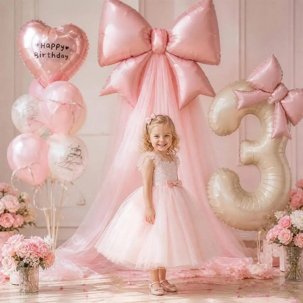 DIY Bow Balloon Set – 32" Foil Number Balloons & Pink Mesh