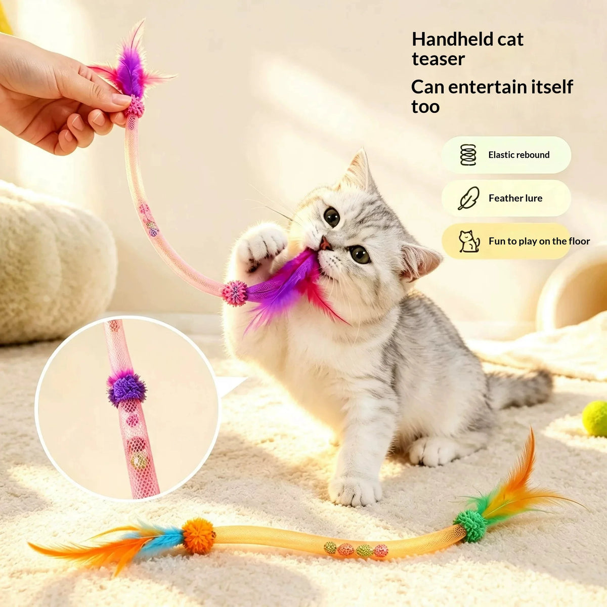 Elastic Mesh Tube Cat Toy – Feather Teaser Wand & Catnip Bell
