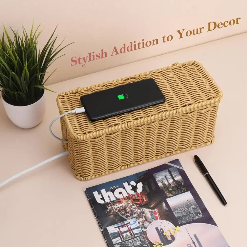 Handwoven Rattan Cable Management Box – Cord Organizer