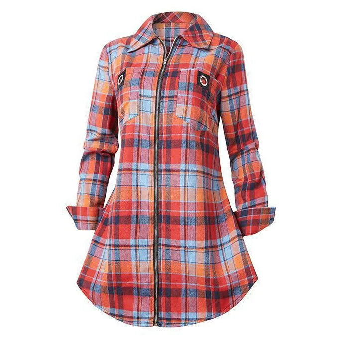 Women's Plaid Long Sleeve Shirt Dress – Lapel Collar & Pockets