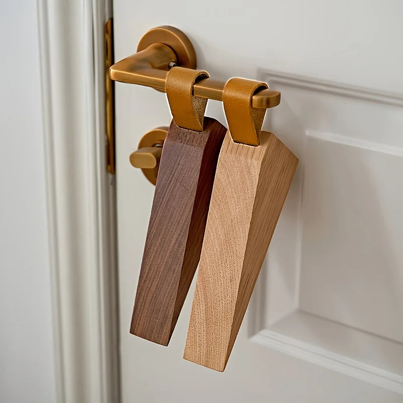 Solid Wood Door Stopper Decorative Wedge with Leather Strap