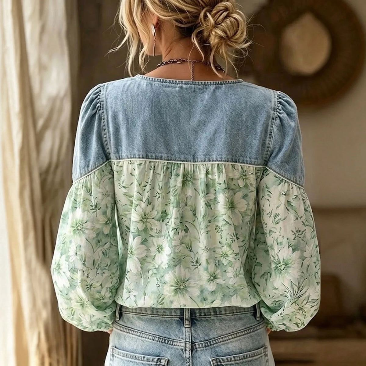 Women's Vintage Floral Boho Blouse V-Neck Puff Sleeve Patchwork