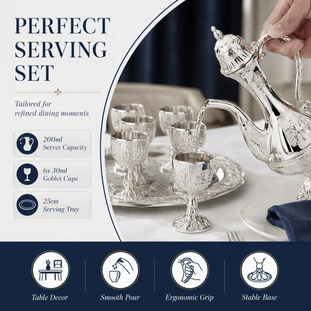 8-Pc Vintage Embossed Alloy Drinkware Set with Iron Tray